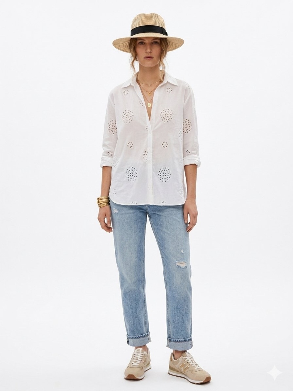 Zara White Eyelet Button-Down Blouse